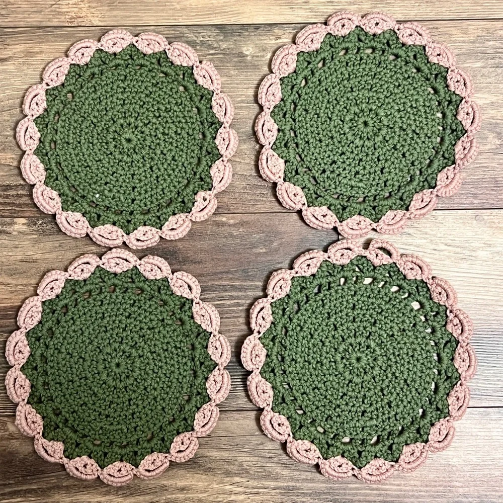 Set of 4 Handmade Green and Pink Crochet Placemat Doily / Decor Retro MCM Design